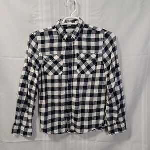 Ocean Coast Button Down Kids XL Navy Blue White Buffalo Plaid Flannel Shirt